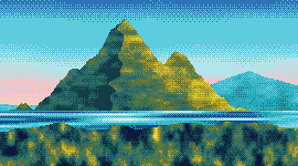 Monte ao amanhecer, desenhado em pontos de cor